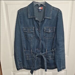 FrenchKuff Women's Jean Jacket-Dark Blue-Belted-L